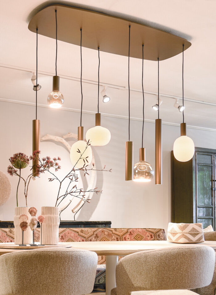 Hanglamp Riva Deens Ovaal 8-Lichts Platinum Met Lampion Bulbs