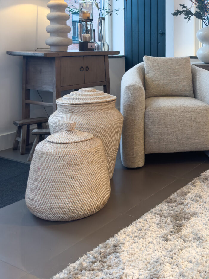 Gevlochten Mand Met Deksel Wit Geverfd